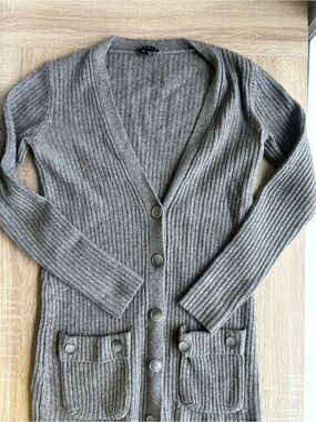 Theory Ribbed Button Grey Long Cardigan Sweater Wool Cashmere Silk Cotton Small